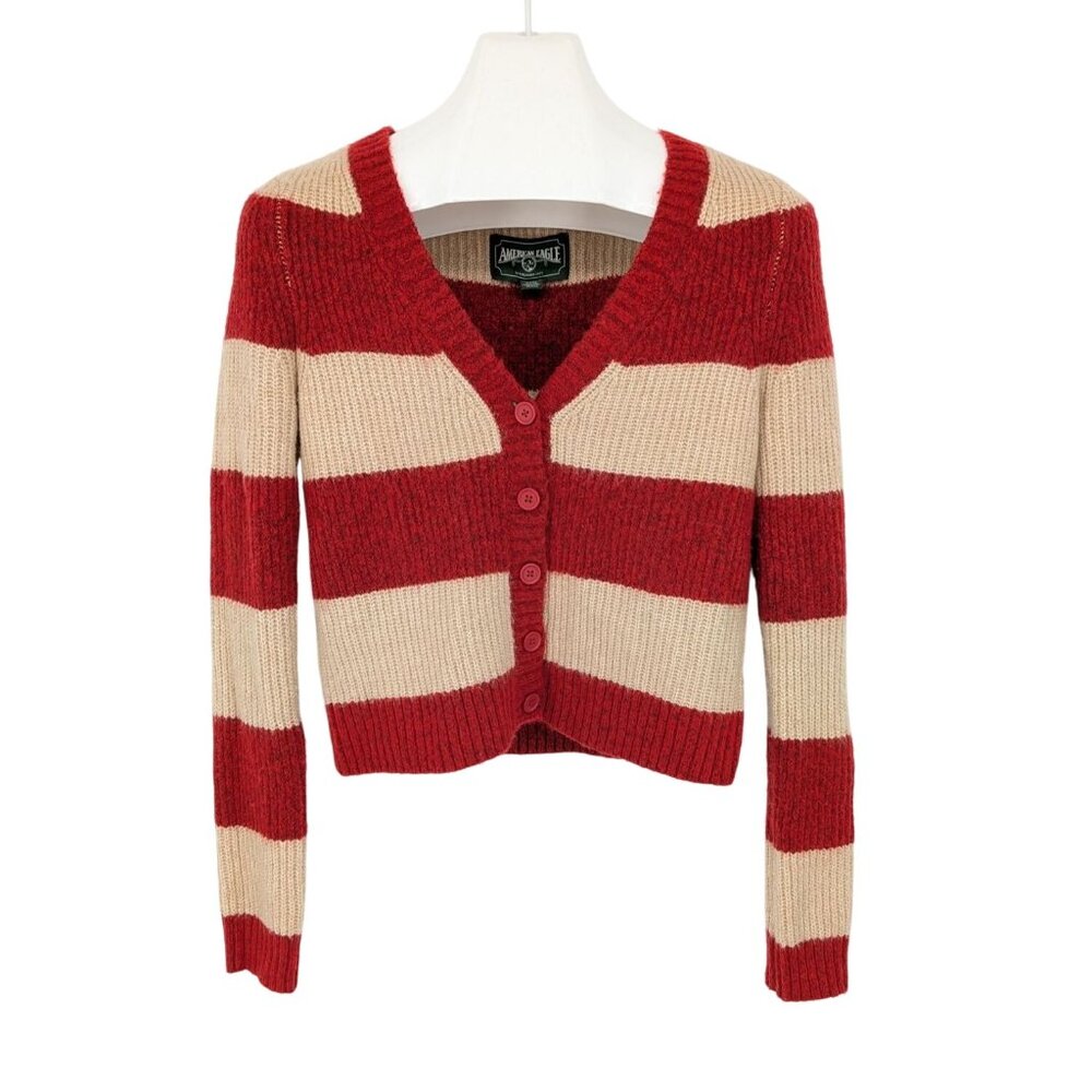 American Eagle Striped Cropped Knit Cardigan Button Front Preppy Coquette Size S